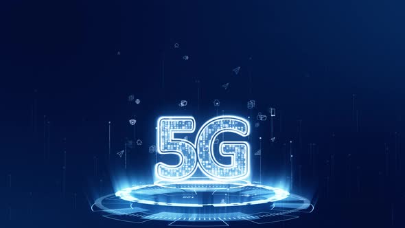 Blue digital 5G logo with futuristic technology circle rotation on abstract background