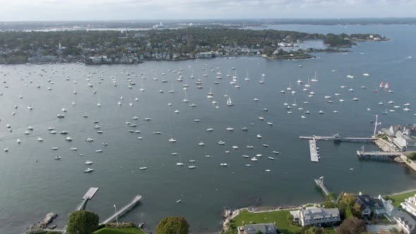 Aerial view of Marblehead town center and Marblehead Harbor in town of Marblehead, Massachusetts, US