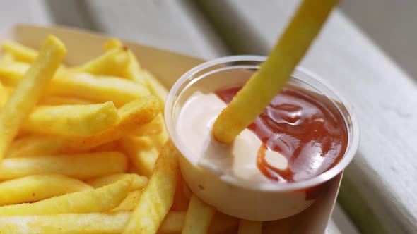 French fries craving with mayo and ketchup dip