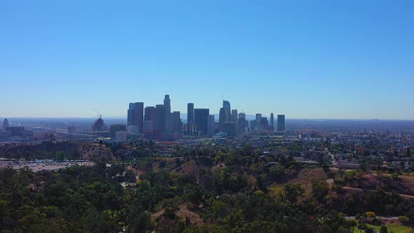 Slow aerial shot flying towards the city of Los Angeles, California.