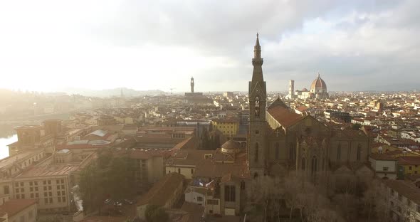 Drone Flight Towards the Tower of Basilica of Santa Croce. Florence. Italy alt