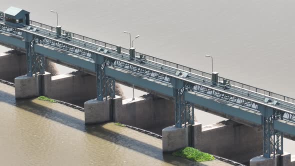 Aerial View Of Punjnad Barrage Bridge Structure Over Chenab river. Dolly Shot