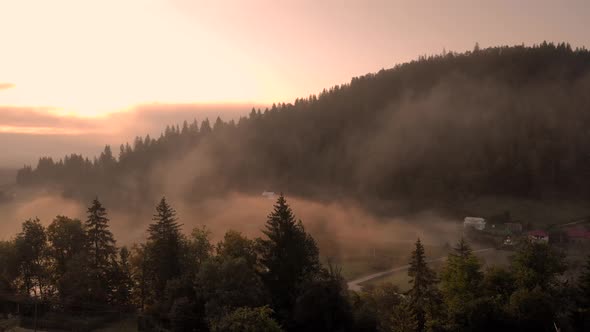 Early Morning Fog Over Summer Slopes of Carpathian Mountains