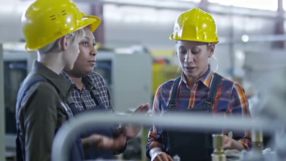 Mixed-Raced Female Factory Employees Chatting