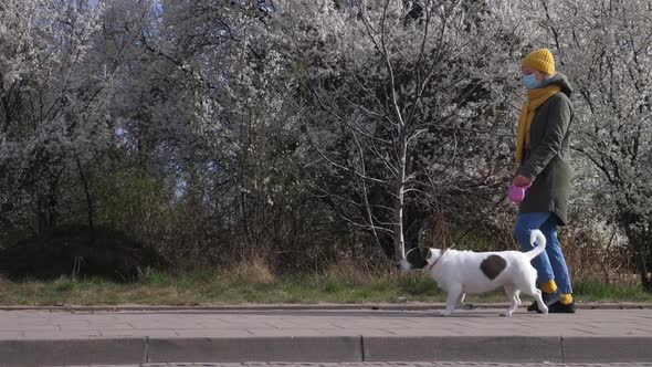 Coronavirus Pandemic Concept. Woman Wearing A Mask Walking With A Dog Outdoors. 