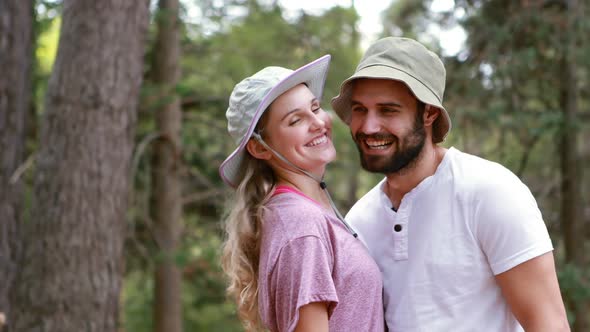 Hiker couple romancing at countryside