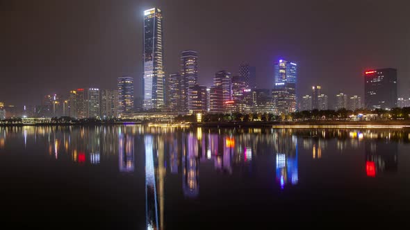 Timelapse Illuminated Skyscraper of Nanshan on Shenzhen Bank