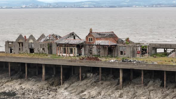 Derelict Birnbeck Pier in Weston Super Mare Aerial View