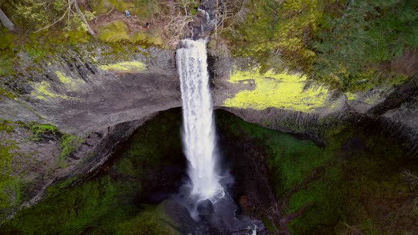 Aerial view of  a waterfall in Silver falls state Park in Oregon, USA.