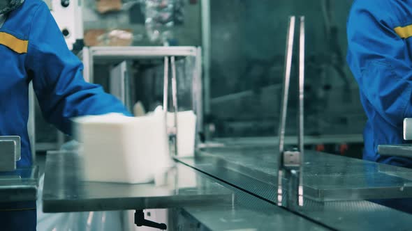 Paper Mill Workers Placing White Facial Tissues Onto the Conveyor