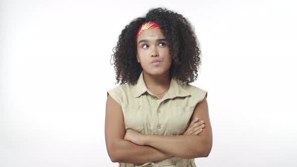 Unsure Pensive Africanamerican Cute Girl Making Decision Thinking Before Give Answer Look Up