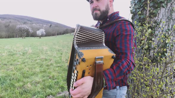 Musician playing accordion on a meadow