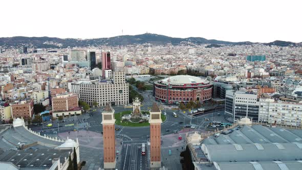 Flying Over Barcelona with Spain Square and Residential Quarters