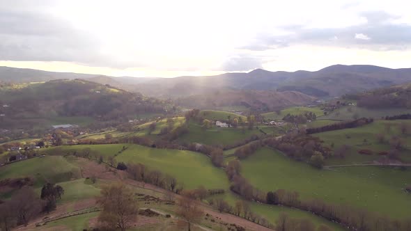 Sunset Aerial View of the Welsh Valleys and Landscape