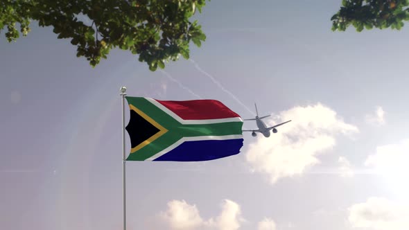 South Africa Flag With Airplane And City -3D rendering