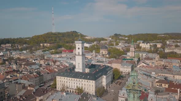 Aerial City Lviv, Ukraine. European City. Popular Areas of the City. Town Hall