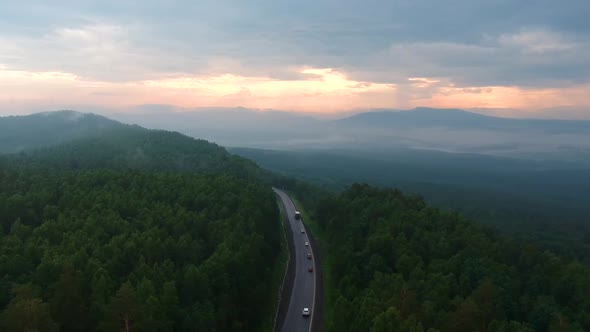 Aerial view The Road At Dawn In The Mountains