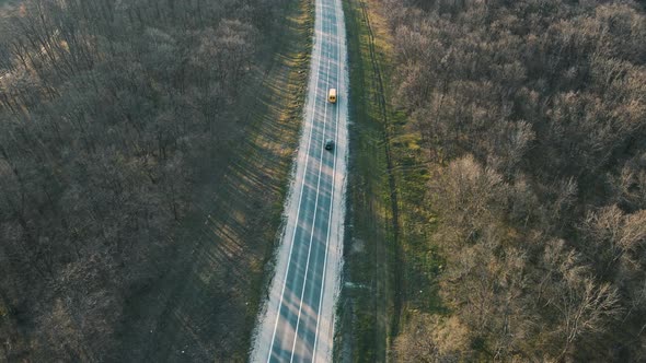 Aerial Top View Over Straight Road with Car