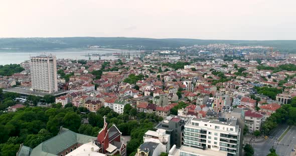 Beautiful cityscape over Varna city, Bulgaria. 4K panoramic aerial view. 