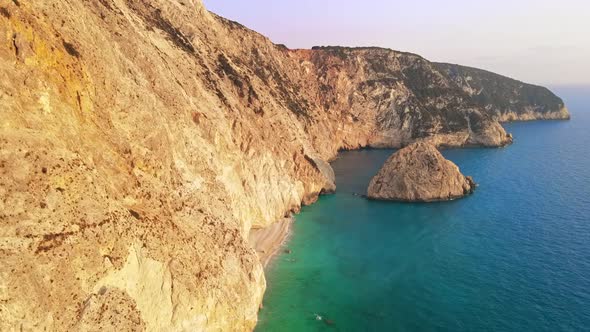 Aerial drone view of the Ionian Sea coast of Zakynthos, Greece. Rocky cliffs