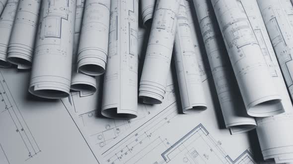 Seamless loopable animation of a stack of white blueprints on the table.