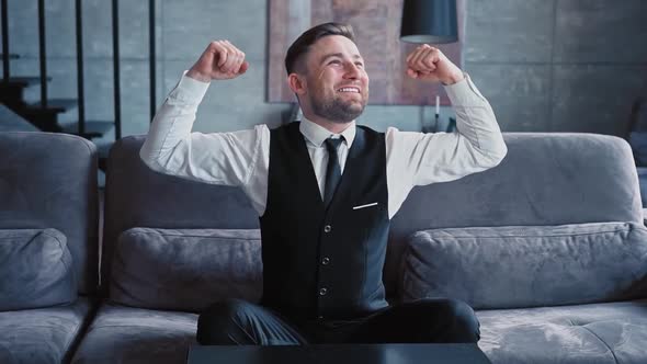 Headshot Portrait Smiling Confident Caucasian Male Businessman Standing Modern Office Dark Room