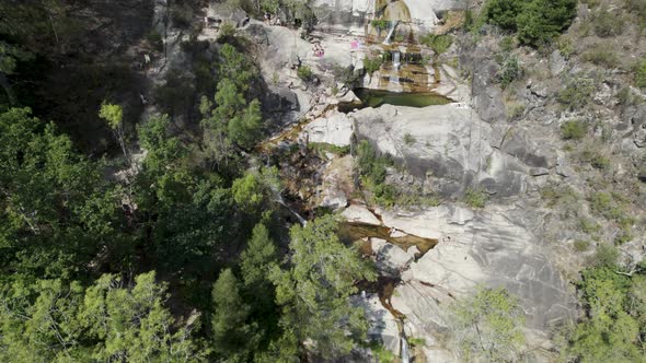 Beautiful aerial view, Portuguese Cascades, natural pools on steep rocks, Tahiti Waterfall