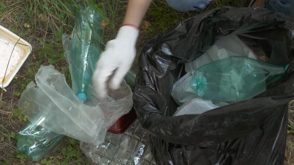 Volunteer Ecologist Young Woman Collecting Old Plastic Garbage in Forest, Picking Up Waste, Land