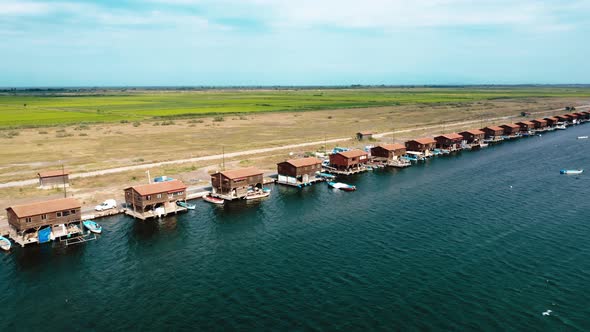 Aerial view of many fishermen huts at the gulf.