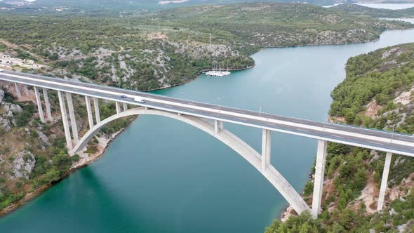 Aerial Drone Footage of Bridge Over the River in Croatia