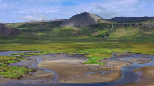 Iceland. Aerial view on mountain, field and river. Landscape in Iceland at the day time.