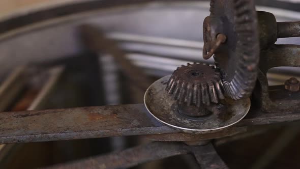 Close Up of Rotating Parts of Honey Extractor Machine Spinning, Honeycomb Hive Frames Turning Around