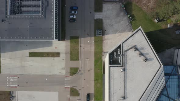 Flying Over Modern Looking Buildings, Science Center or Laboratory