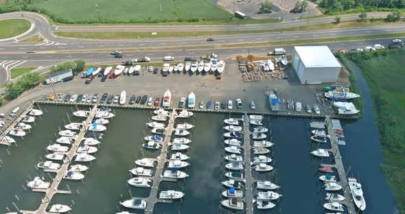 Amazing panoramic view little harbour for many boat floating near the ocean in US