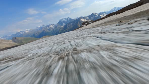 Aerial View Speed Flight Movement Over Summer Crack Glacier Mountain Geology Surface