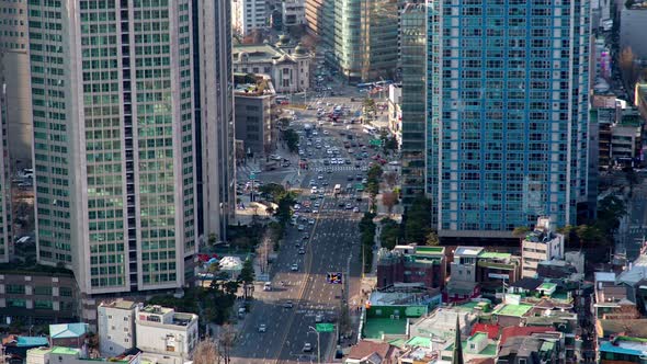Aerial Central Road with Seoul, Korea Skyscraper