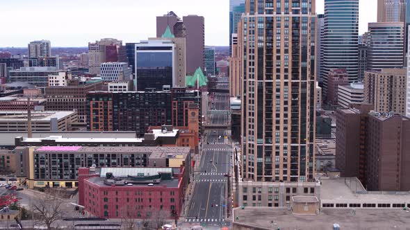 Aerial, empty streets in downtown Minneapolis, Minnesota during COVID pandemic