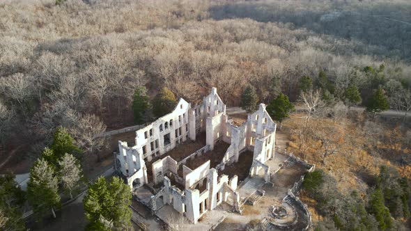 Destroyed Building Castle Ruins in Missouri State Park, Aerial Drone