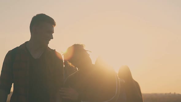 Plump Girl and Guy Walk with Friends To Camp Slow Motion