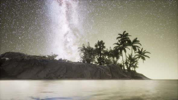 Beautiful Fantasy Tropical Beach with Milky Way Star in Night Skies