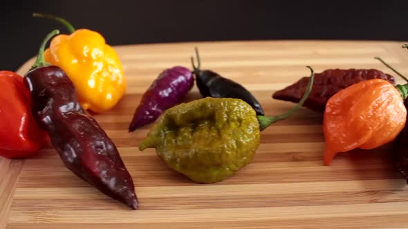 Chili pepper in exposition. Colorful chili. Mexican hot spicy food for seasoning. Red, yellow, green