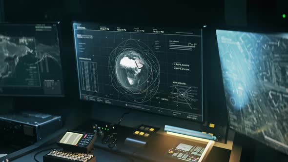 Spy satellite location tracking network control system examines earth map alt