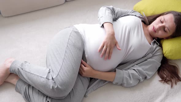 Pregnancy Motherhood People Expectation Concept Happy Tired Pregnant Woman Touching Her Tummy