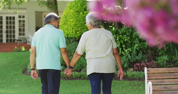 Video of back view of biracial senior couple holding hands in garden
