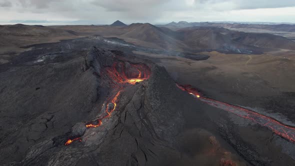 Drone Over Lava Erupting From Fagradalsfjall Volcano In Reykjanes Peninsula Iceland