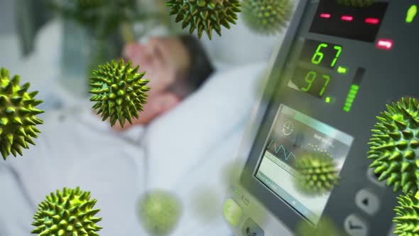 Animation of green corona virus with man sick in background alt