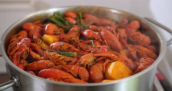 Fresh seafood red Crayfish shrimps prawn slowly boiling in a steel pot, warm tasty smoky soup recipe