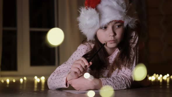 Christmas Moment. A Charming Little Girl Is Writing a Letter To Santa Claus.