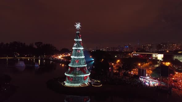 Night aerial view of illuminated Christmas Tree at Ibirapuera park Sao Paulo.