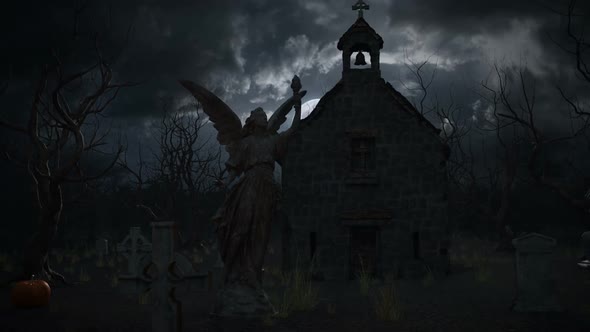 Flying through cemetery. Halloween Night background with full moon sky.